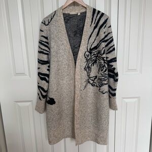 Anthropologie Long Open-Front Tiger-Print Cardigan Sweater - Beige/Black